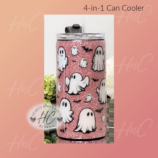Cute Ghosts wPink Glitter Base - 4in1 Tumbler/Can Cooler (Resin Coated)