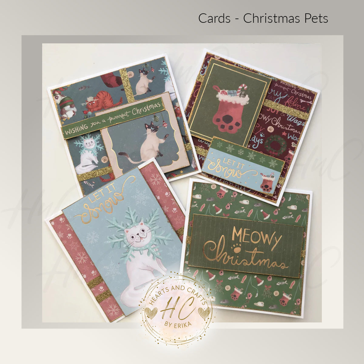 4pk Christmas Pets - Whimsical Greeting Card Set - Cat/Feline Theme (Set C2)