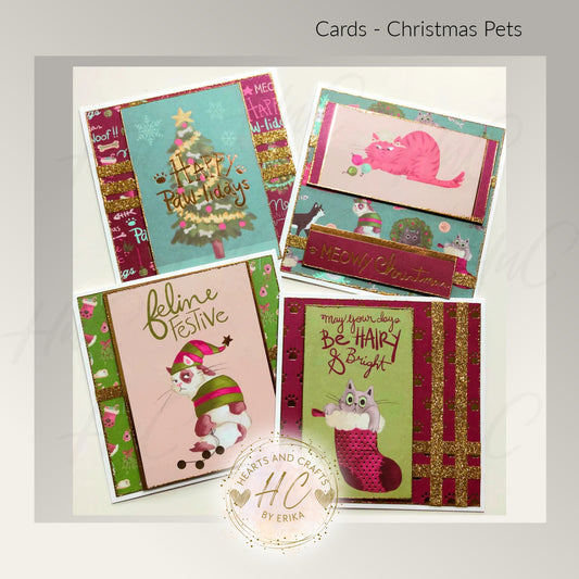 4pk Christmas Pets - Whimsical Greeting Card Set - Cat/Feline Theme (Set C3)