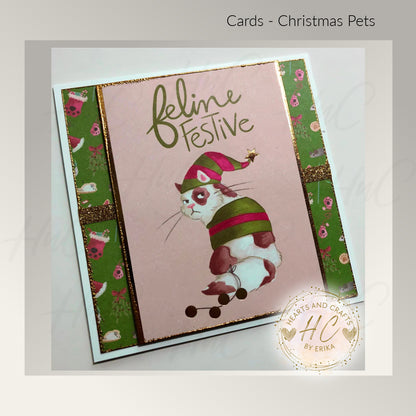 4pk Christmas Pets - Whimsical Greeting Card Set - Cat/Feline Theme (Set C3)