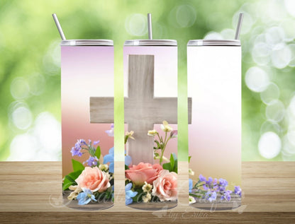 Cross with Flowers 17 - 20oz Straight Tumbler (Physical Item)