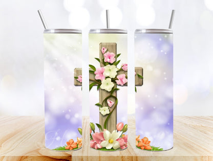 Digital - Cross with Flowers 27 - 20oz Straight Tumbler Wrap