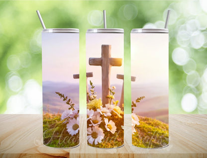 Digital - Cross with Flowers 34 - 20oz Straight Tumbler Wrap