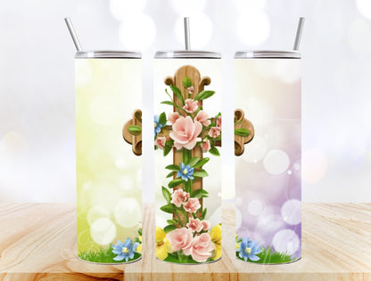 Cross with Flowers 19 - 20oz Straight Tumbler (Physical Item)