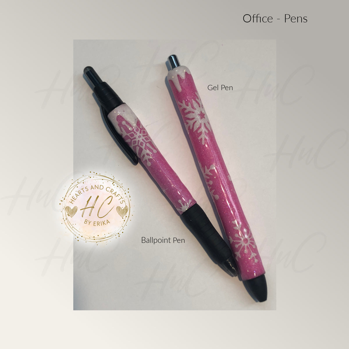 Snowflakes on Hot Pink Glitter Base wSnowcap - Gel & Ballpoint Pens
