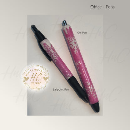 Snowflakes on Hot Pink Glitter Base wSnowcap - Gel & Ballpoint Pens
