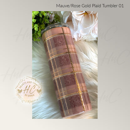 Mauve / Rose Gold Plaid - 20oz Resin/Epoxy Coated Tumbler (Personalizable)