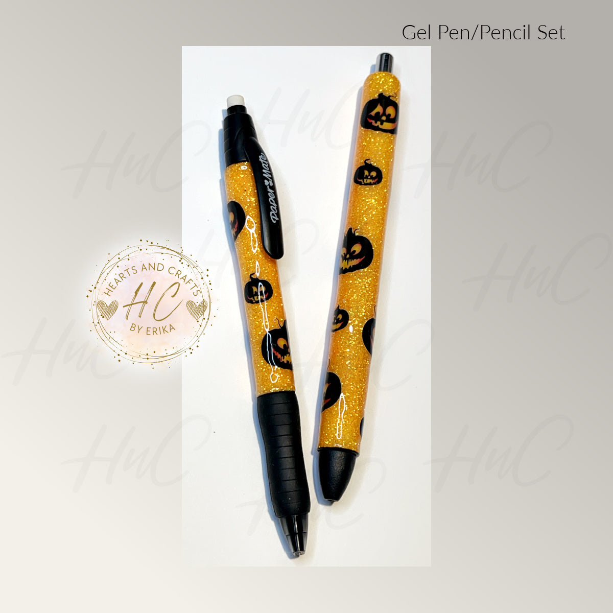 Pumpkins on Orange Glitter Base - Paper Mate Inkjoy Gel Pen and Pencil