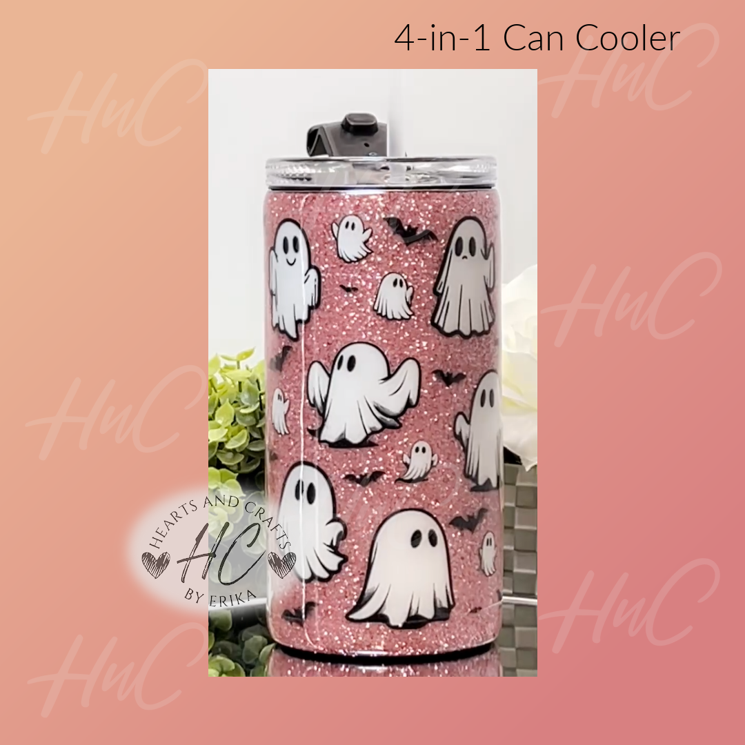 Cute Ghosts wPink Glitter Base - 4in1 Tumbler/Can Cooler (Resin Coated)