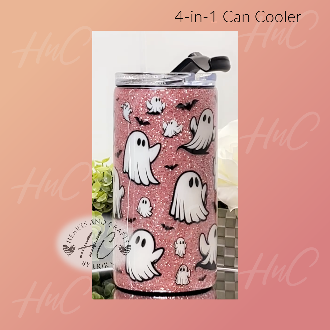 Cute Ghosts wPink Glitter Base - 4in1 Tumbler/Can Cooler (Resin Coated)