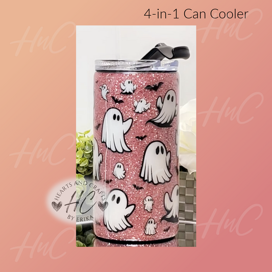 Cute Ghosts wPink Glitter Base - 4in1 Tumbler/Can Cooler (Resin Coated)