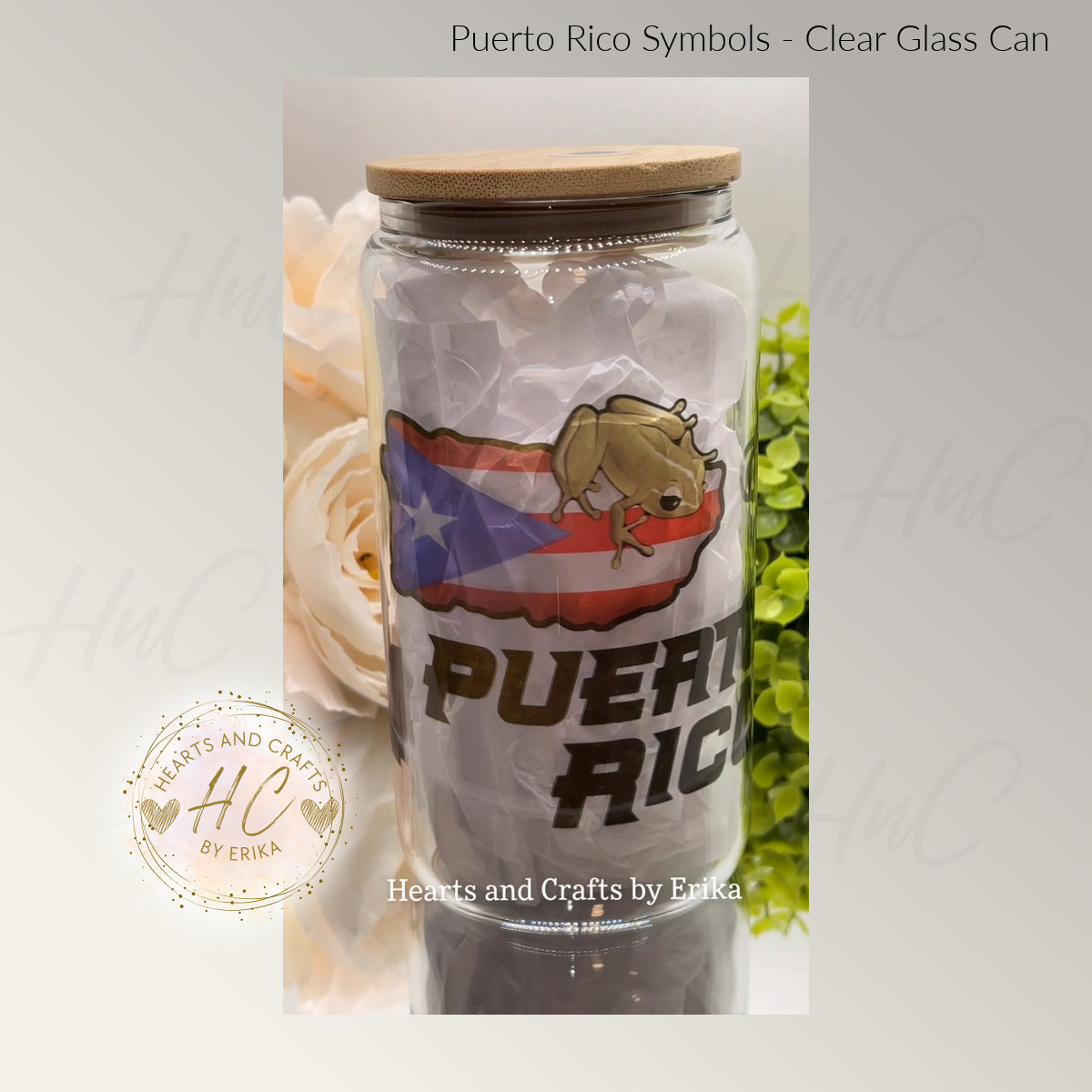 Puerto Rico Symbols - 16oz Clear Glass Can Cooler wBamboo Lid