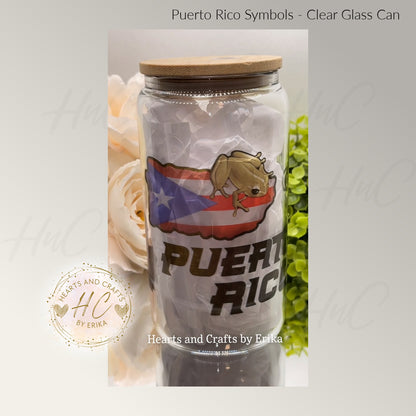 Puerto Rico Symbols - 16oz Clear Glass Can Cooler wBamboo Lid