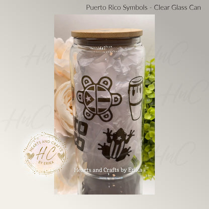 Puerto Rico Symbols - 16oz Clear Glass Can Cooler wBamboo Lid