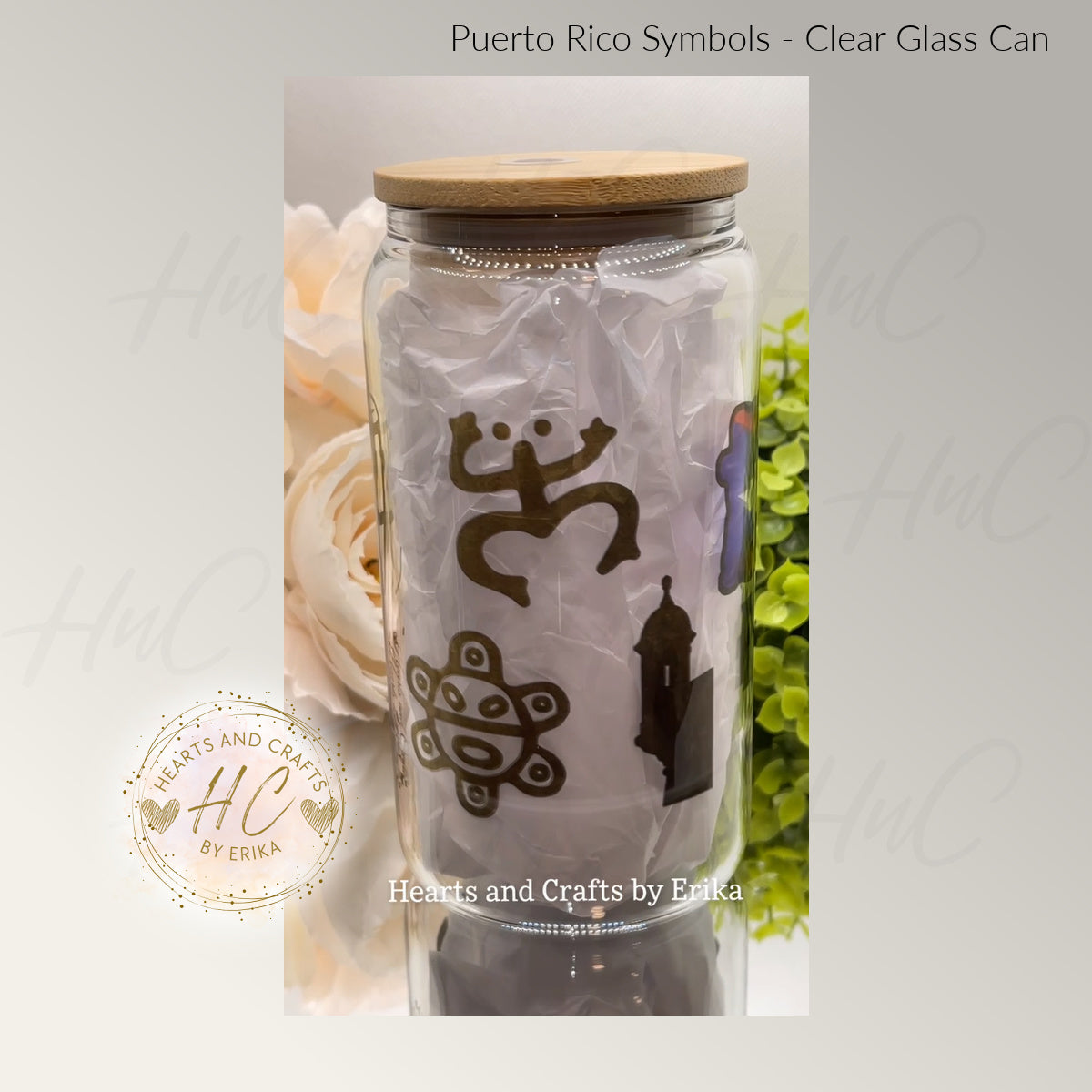 Puerto Rico Symbols - 16oz Clear Glass Can Cooler wBamboo Lid