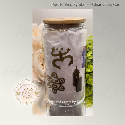 Puerto Rico Symbols - 16oz Clear Glass Can Cooler wBamboo Lid