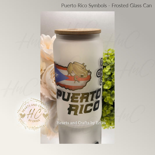 Puerto Rico Symbols - 16oz Frosted Glass Can Cooler wBamboo Lid