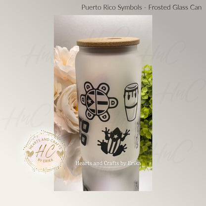 Puerto Rico Symbols - 16oz Frosted Glass Can Cooler wBamboo Lid