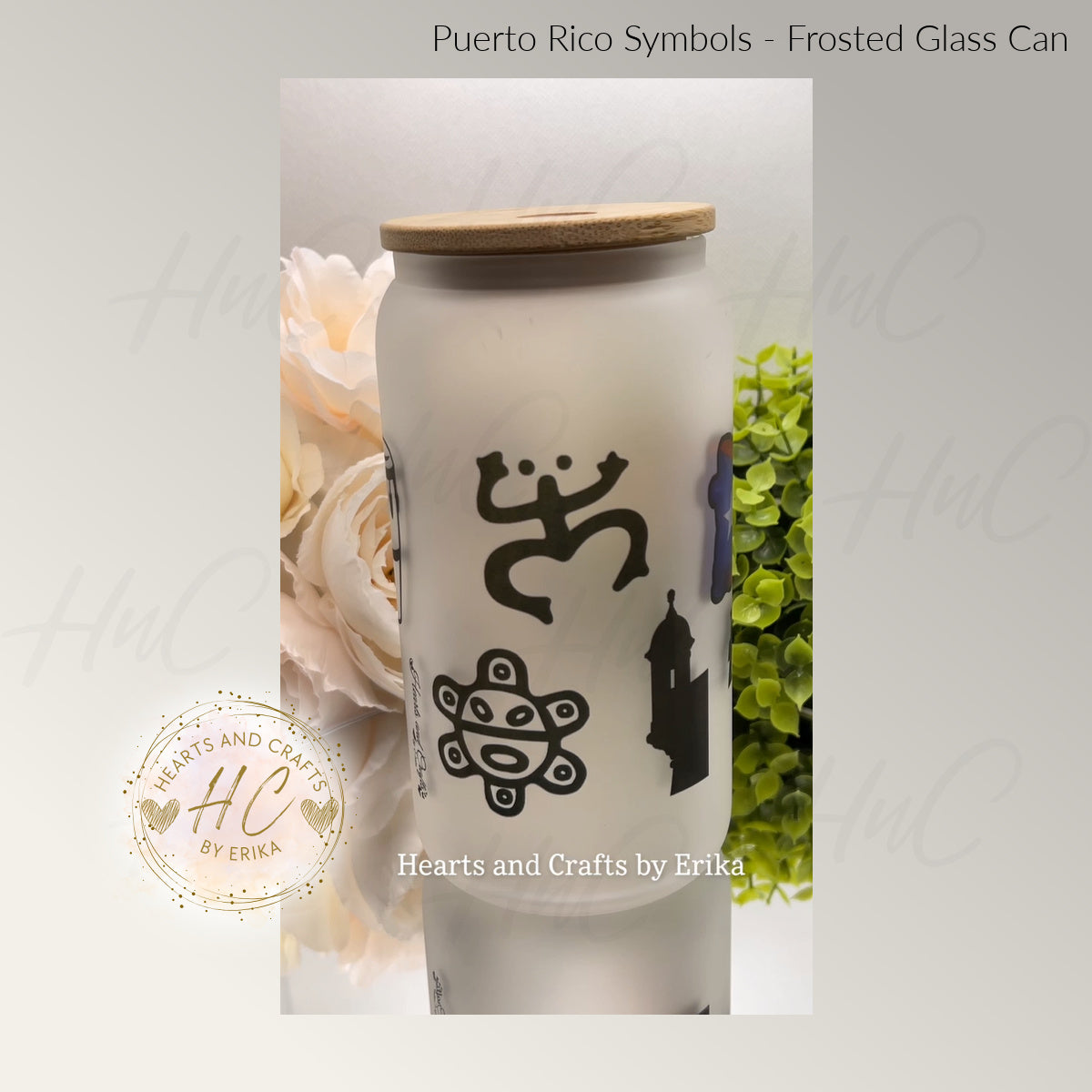 Puerto Rico Symbols - 16oz Frosted Glass Can Cooler wBamboo Lid