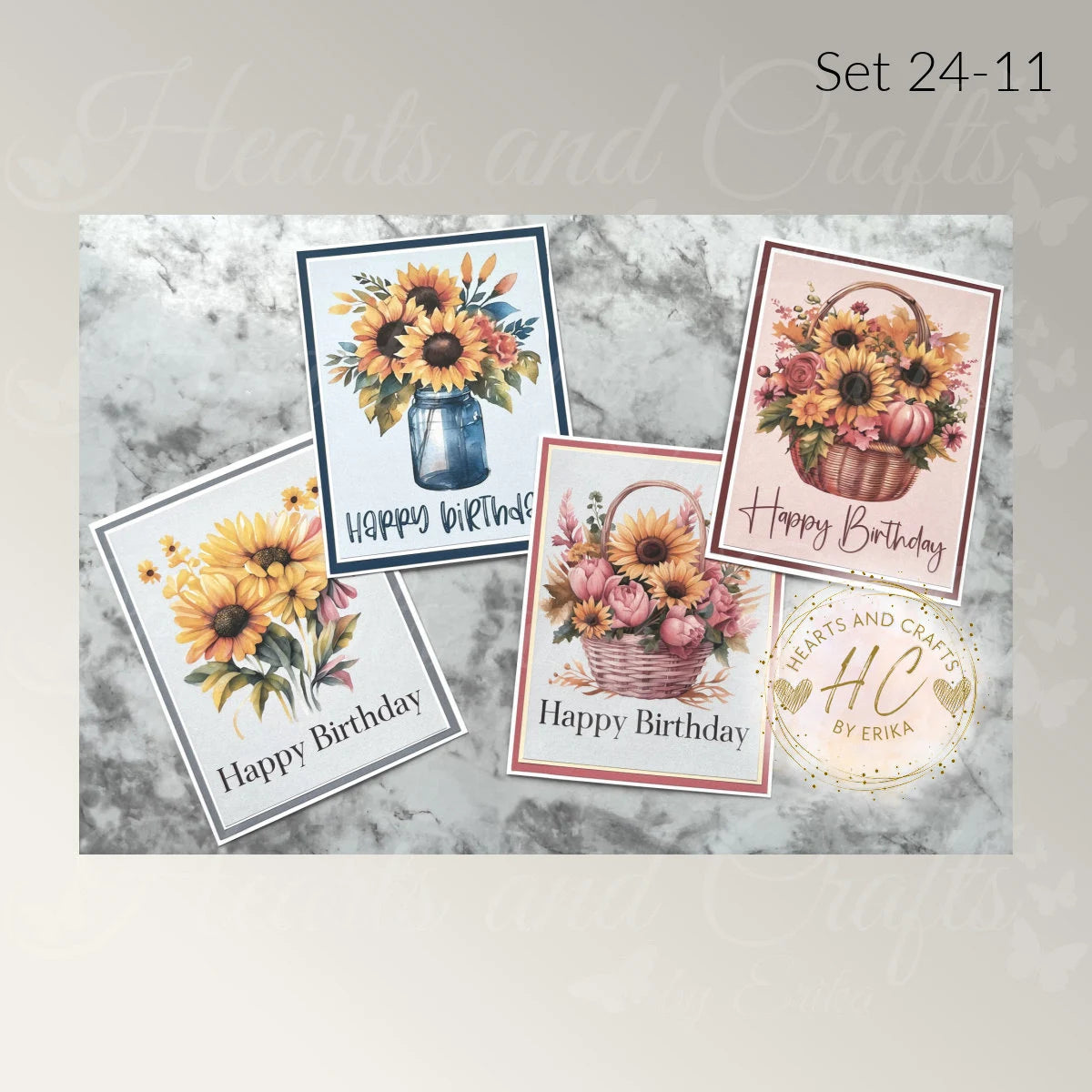 4pk Handcrafted Floral Birthday Card Set (24-11)