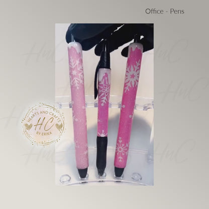 Snowflakes on Hot Pink Glitter Base wSnowcap - Gel & Ballpoint Pens