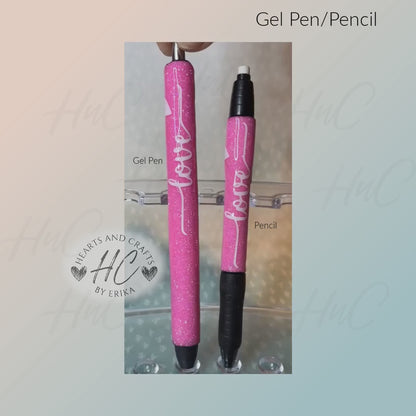 Love (White) on Pink Glitter Base - Gel Pen/Pencil