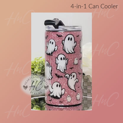 Cute Ghosts wPink Glitter Base - 4in1 Tumbler/Can Cooler (Resin Coated)