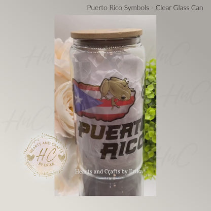 Puerto Rico Symbols - 16oz Clear Glass Can Cooler wBamboo Lid