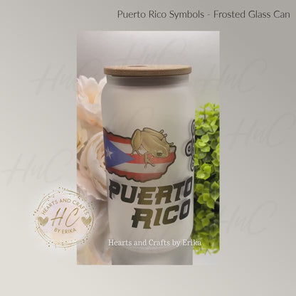 Puerto Rico Symbols - 16oz Frosted Glass Can Cooler wBamboo Lid